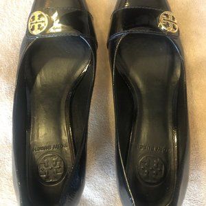 Tory Burch Black Patent Leather Block Heel with Gold Trim Closed Toe Pumps